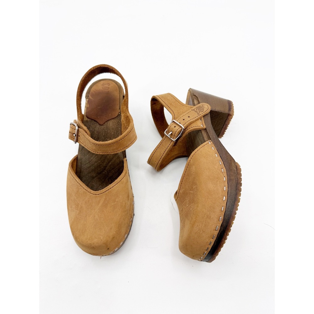 Sandgrens Handmade Swedish Tan Nubuck Leather Wooden Platform Clog Size 39 8-8.5